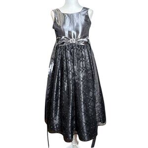 Jayne Copeland Size 12 Girls Metallic Silver Black Sleeveless Dress Waist Tie